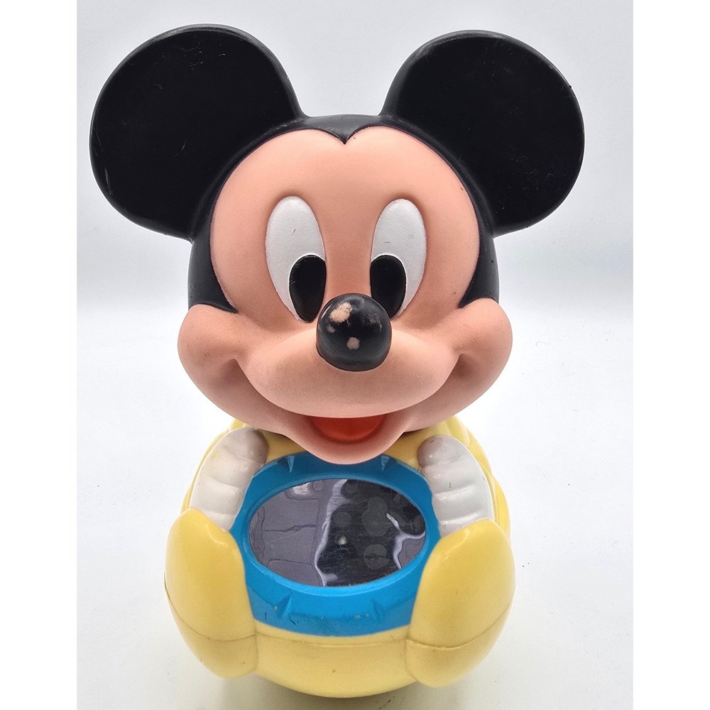 Disney Mickey Mouse Roly Poly Chime Toy Vintage with Mirror Yellow Wobble Toy